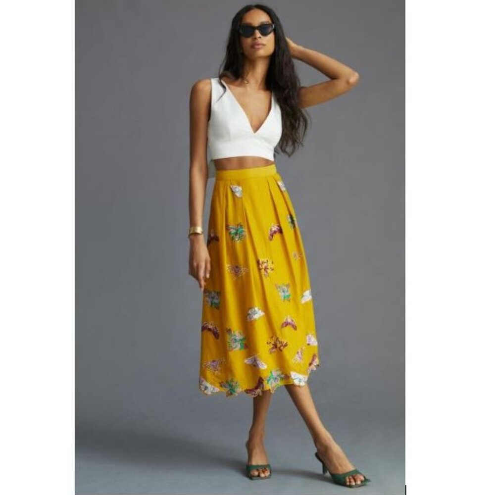 Anthropologie Maeve Embroidered with Butterflies Midi Skirt - Size Medium - NWT